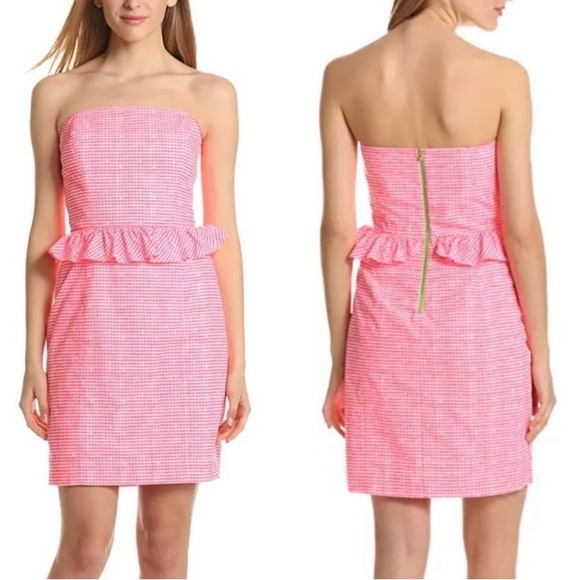 Lilly Pulitzer Lowe Fiesta Pink Gingham Strapless Mini Dress Size 8 - Picture 3 of 12